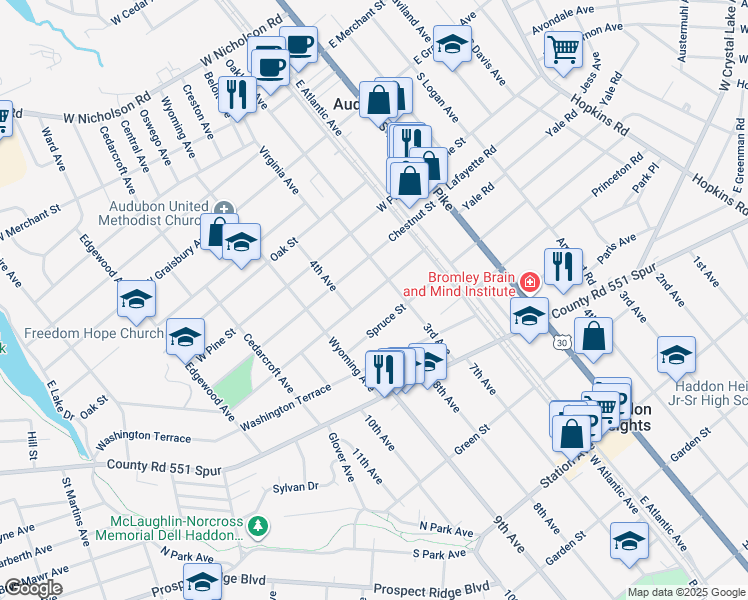 map of restaurants, bars, coffee shops, grocery stores, and more near 218 Walnut Street in Audubon