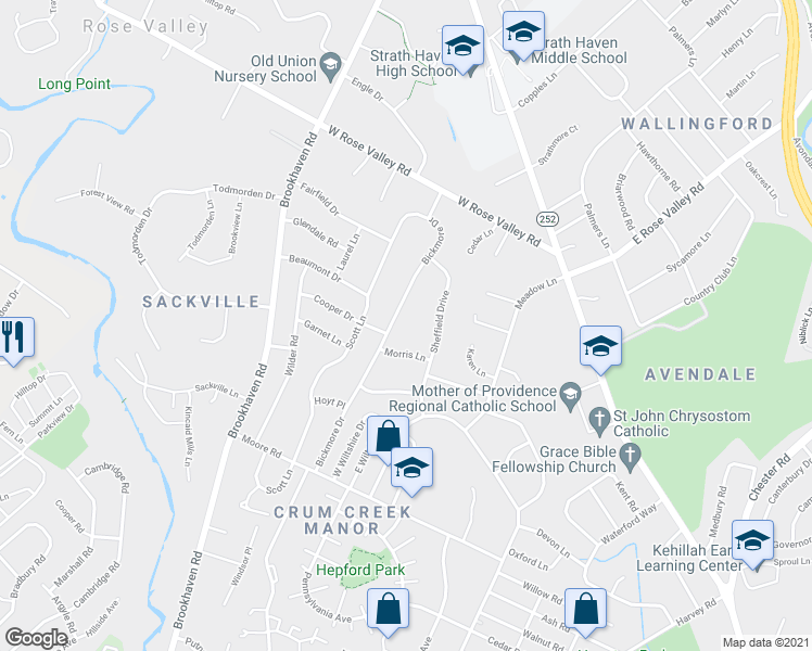 map of restaurants, bars, coffee shops, grocery stores, and more near 412 Bickmore Drive in Nether Providence Township