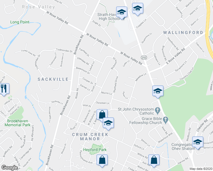 map of restaurants, bars, coffee shops, grocery stores, and more near 412 Bickmore Drive in Nether Providence Township