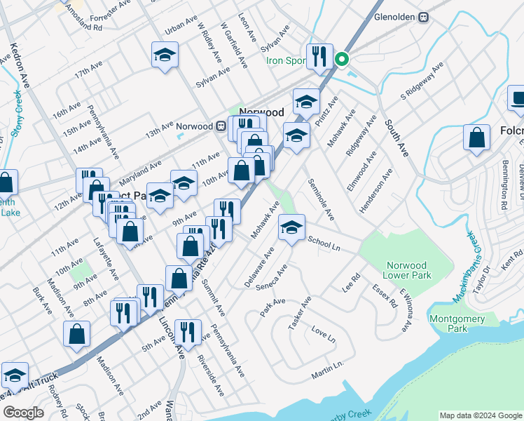 map of restaurants, bars, coffee shops, grocery stores, and more near 525 Mohawk Avenue in Norwood