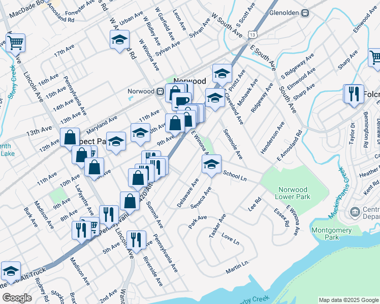 map of restaurants, bars, coffee shops, grocery stores, and more near 525 Mohawk Avenue in Norwood