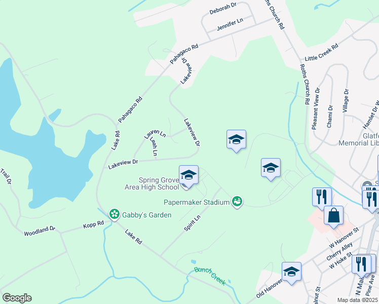 map of restaurants, bars, coffee shops, grocery stores, and more near 400 Lakeview Drive in Spring Grove