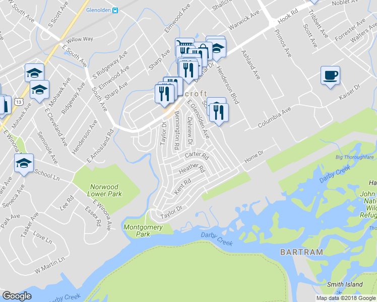 map of restaurants, bars, coffee shops, grocery stores, and more near 1968 Carter Road in Folcroft