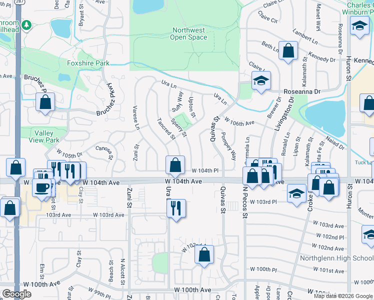 map of restaurants, bars, coffee shops, grocery stores, and more near 10463 Sperry Street in Northglenn
