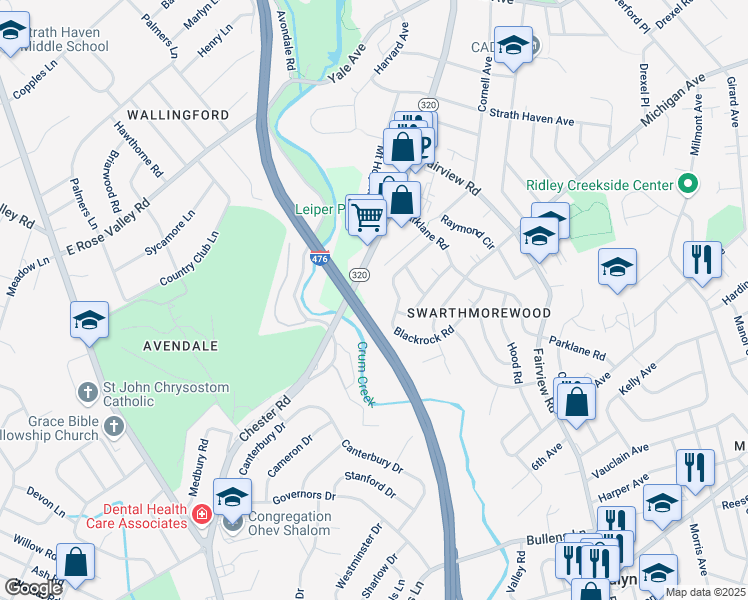 map of restaurants, bars, coffee shops, grocery stores, and more near 801 South Chester Road in Swarthmore