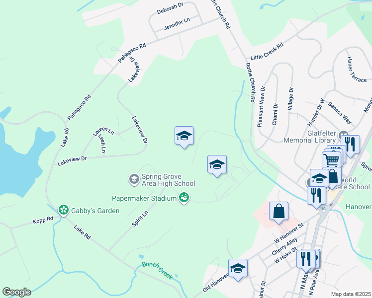 map of restaurants, bars, coffee shops, grocery stores, and more near 1450 Roths Church Road in Spring Grove