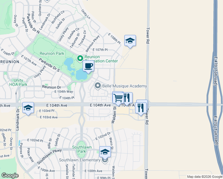 map of restaurants, bars, coffee shops, grocery stores, and more near 18192 East 104th Way in Commerce City