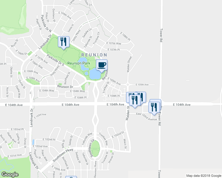 map of restaurants, bars, coffee shops, grocery stores, and more near 10436 Truckee Street in Commerce City