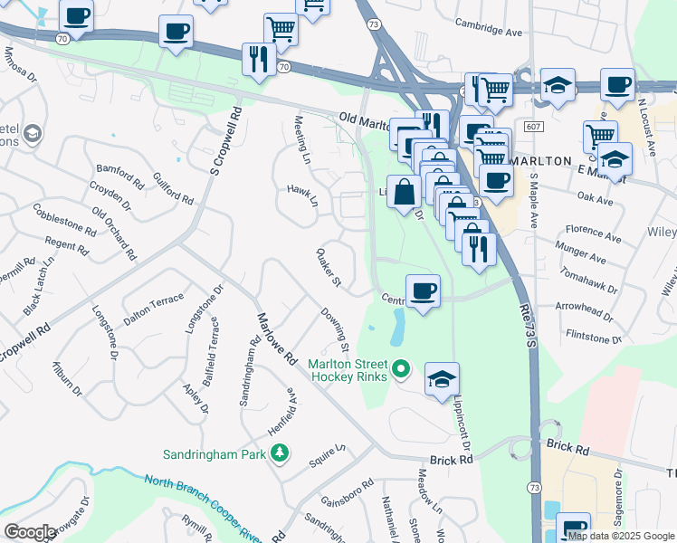 map of restaurants, bars, coffee shops, grocery stores, and more near 5 Quaker Street in Evesham Township