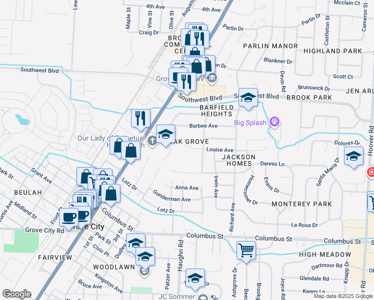 map of restaurants, bars, coffee shops, grocery stores, and more near 3091 Louise Avenue in Grove City