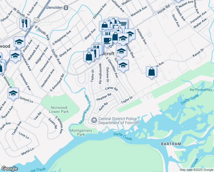 map of restaurants, bars, coffee shops, grocery stores, and more near 1968 Carter Road in Folcroft