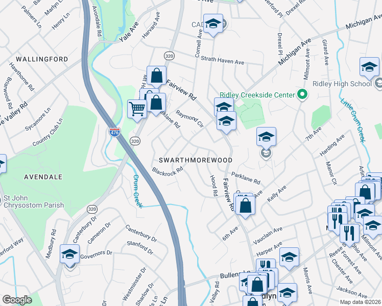 map of restaurants, bars, coffee shops, grocery stores, and more near 1432 Blackrock Road in Swarthmore