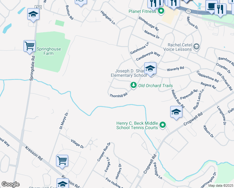 map of restaurants, bars, coffee shops, grocery stores, and more near 117 Thornhill Road in Cherry Hill