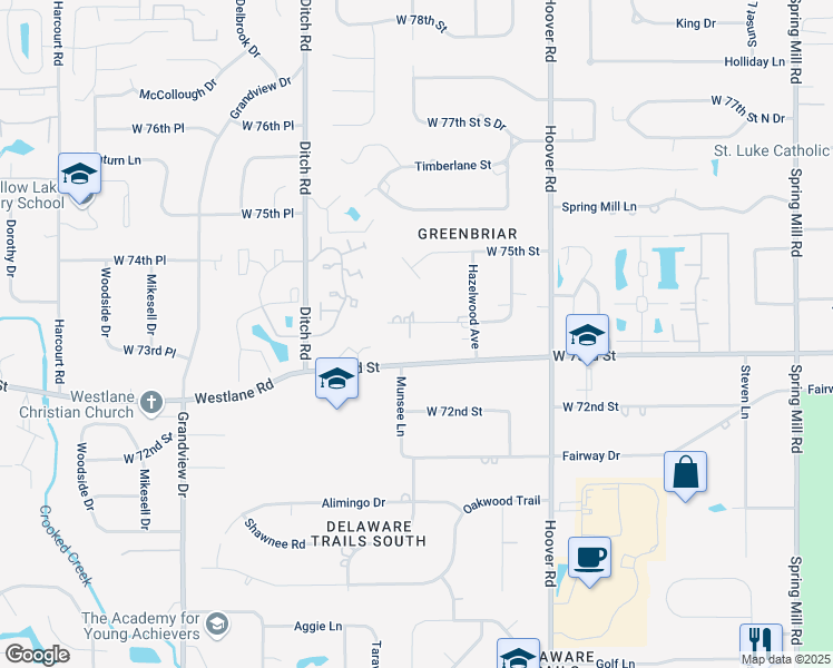 map of restaurants, bars, coffee shops, grocery stores, and more near 1128 West 73rd Street in Indianapolis