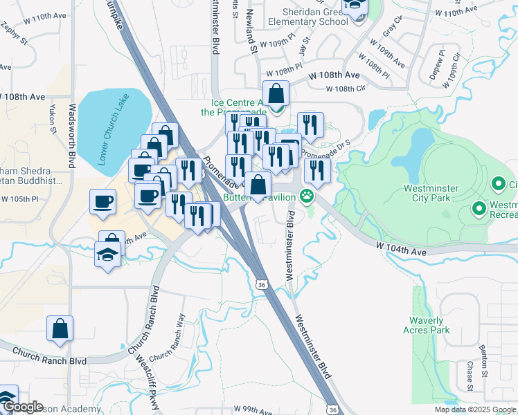 map of restaurants, bars, coffee shops, grocery stores, and more near 6550 West 104th Avenue in Westminster
