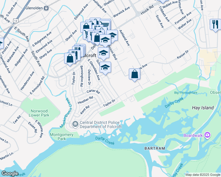 map of restaurants, bars, coffee shops, grocery stores, and more near 836 School Lane in Folcroft