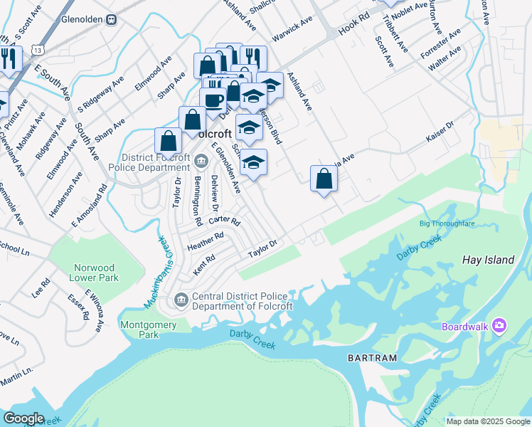 map of restaurants, bars, coffee shops, grocery stores, and more near 836 School Lane in Folcroft