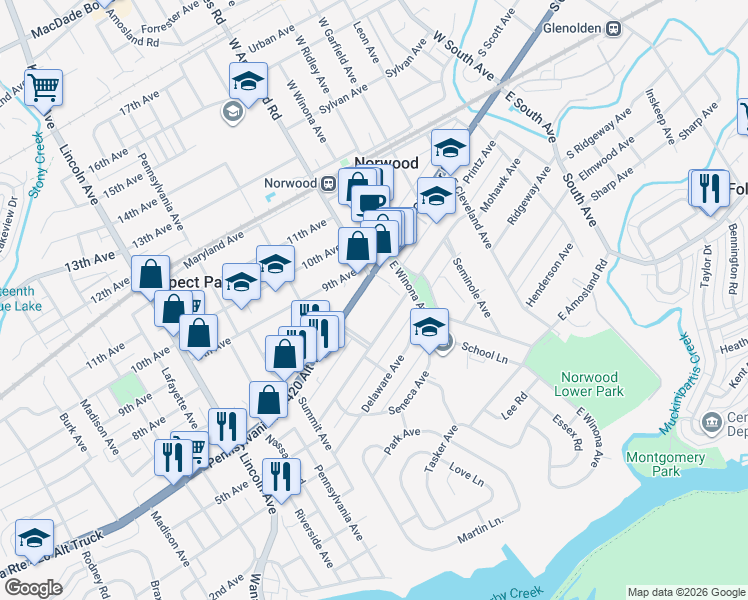 map of restaurants, bars, coffee shops, grocery stores, and more near 550 Chester Pike in Norwood