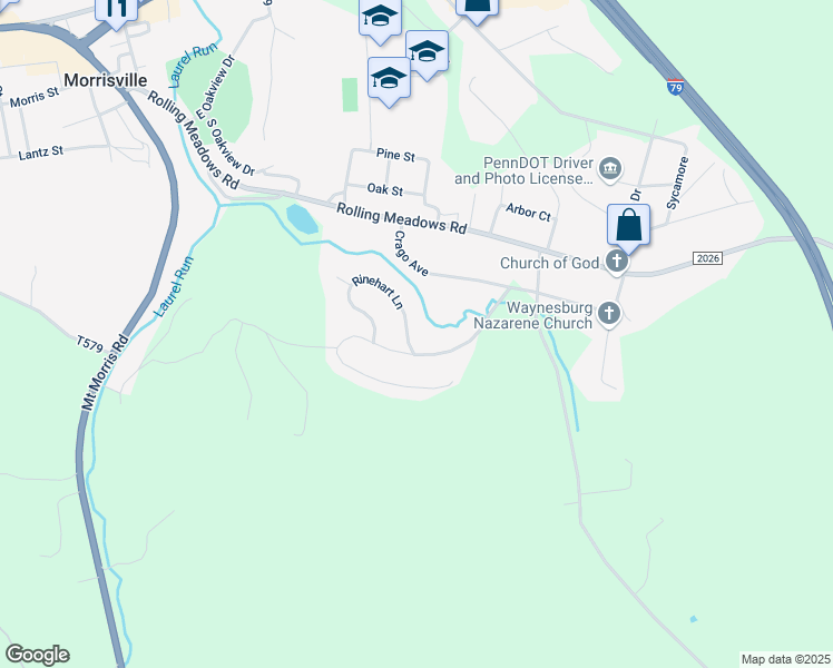 map of restaurants, bars, coffee shops, grocery stores, and more near 26 Rinehart Lane in Waynesburg