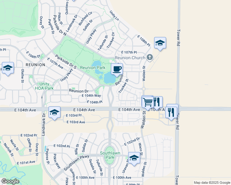 map of restaurants, bars, coffee shops, grocery stores, and more near 10496 East Telluride Court in Commerce City
