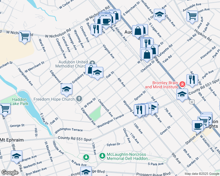 map of restaurants, bars, coffee shops, grocery stores, and more near 257 Wyoming Avenue in Audubon