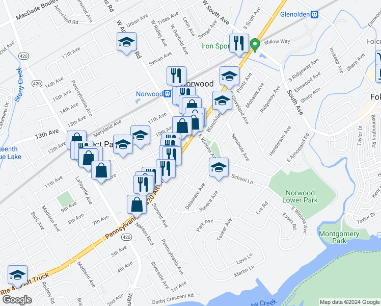 map of restaurants, bars, coffee shops, grocery stores, and more near 550 Chester Pike in Norwood