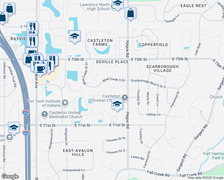 map of restaurants, bars, coffee shops, grocery stores, and more near 7524 Iron Horse Lane in Indianapolis