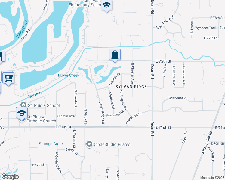 map of restaurants, bars, coffee shops, grocery stores, and more near 3640 Haverhill Drive in Indianapolis
