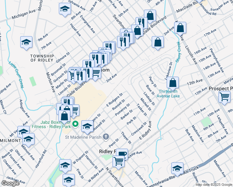 map of restaurants, bars, coffee shops, grocery stores, and more near 708 Deane Street in Ridley Park