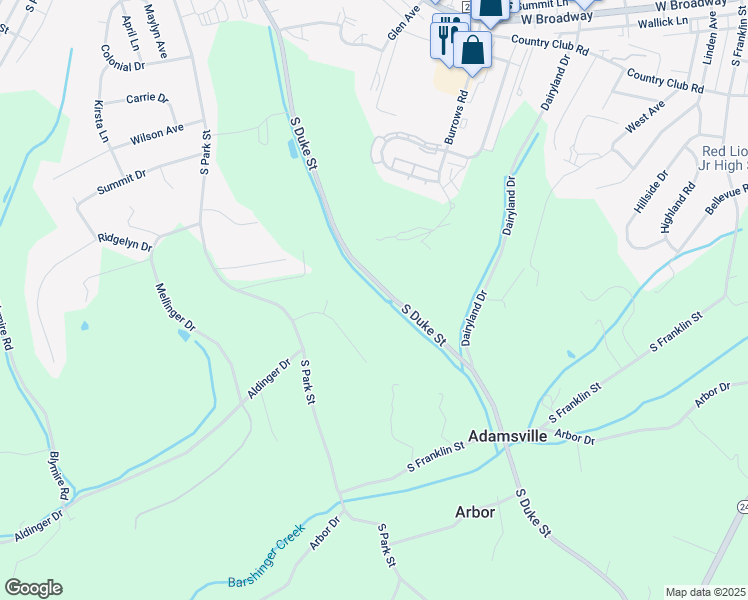 map of restaurants, bars, coffee shops, grocery stores, and more near 420 South Duke Street in Dallastown