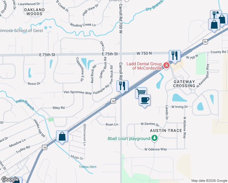 map of restaurants, bars, coffee shops, grocery stores, and more near 7317 Iron Rock Road in Indianapolis