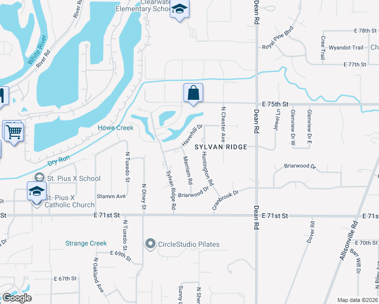 map of restaurants, bars, coffee shops, grocery stores, and more near 3640 Haverhill Drive in Indianapolis