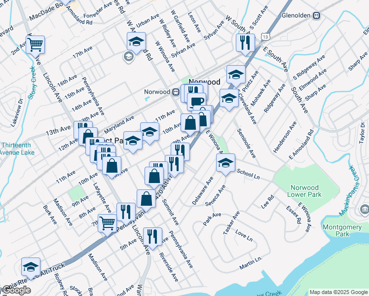 map of restaurants, bars, coffee shops, grocery stores, and more near 531 Chester Pike in Prospect Park