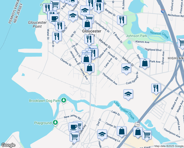 map of restaurants, bars, coffee shops, grocery stores, and more near 430 Broadway in Gloucester City