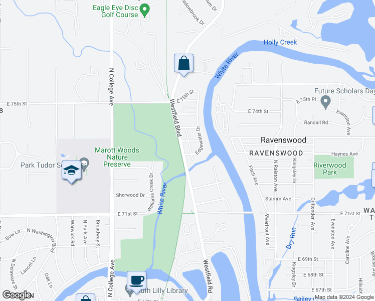 map of restaurants, bars, coffee shops, grocery stores, and more near 7363 Westfield Boulevard in Indianapolis