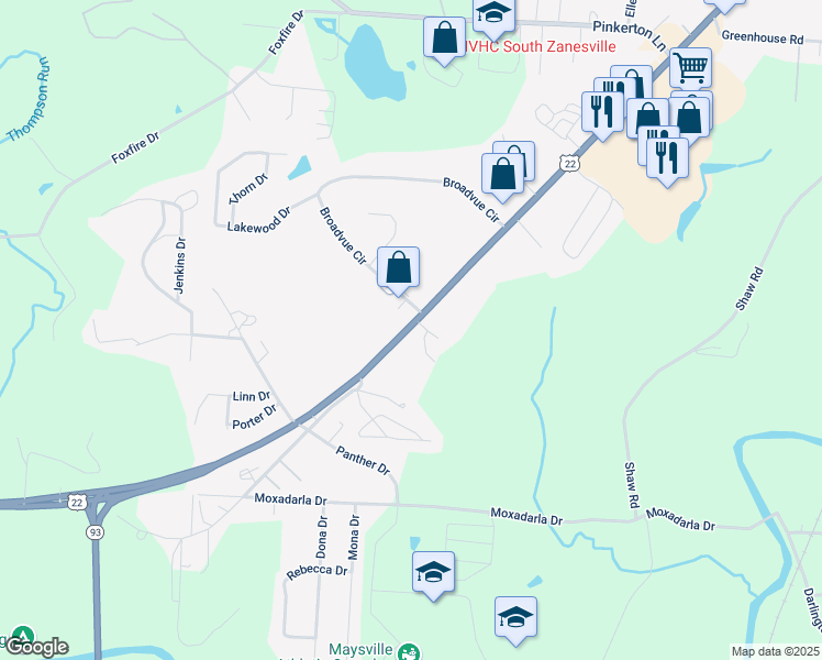 map of restaurants, bars, coffee shops, grocery stores, and more near 3271 Broadvue Circle in Zanesville