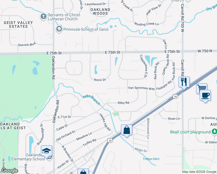 map of restaurants, bars, coffee shops, grocery stores, and more near 7309 Richie Circle in Indianapolis