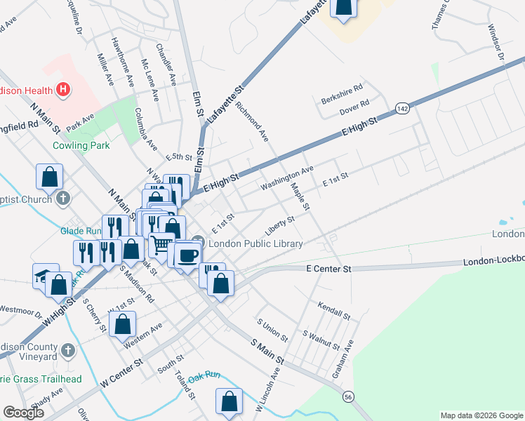 map of restaurants, bars, coffee shops, grocery stores, and more near 149 East 1st Street in London