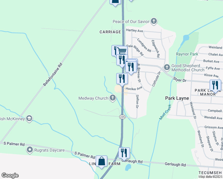 map of restaurants, bars, coffee shops, grocery stores, and more near 2357 South Dayton-Lakeview Road in New Carlisle