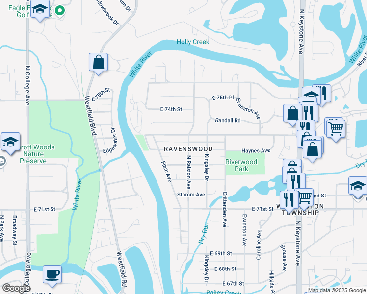 map of restaurants, bars, coffee shops, grocery stores, and more near 1603 Ruth Drive in Indianapolis