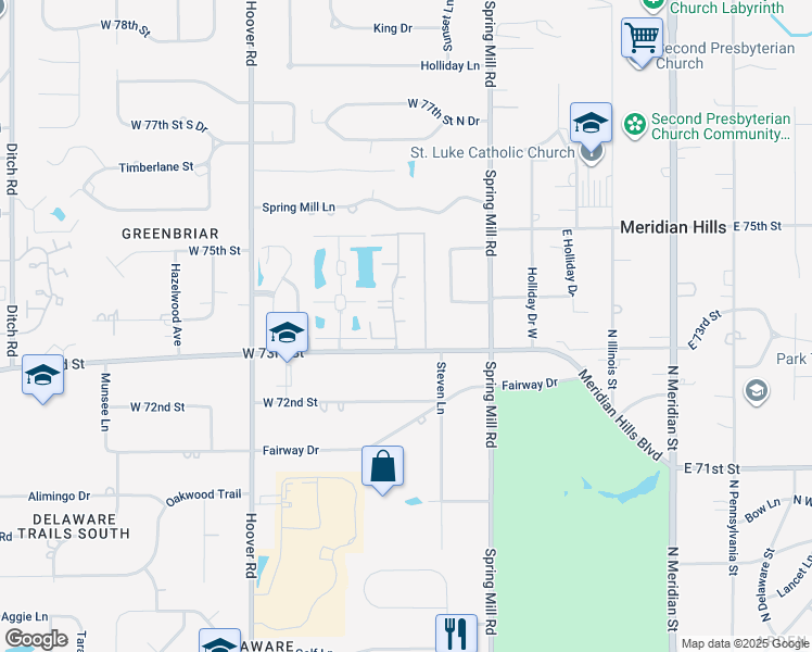 map of restaurants, bars, coffee shops, grocery stores, and more near 7335 Lions Head Drive in Indianapolis