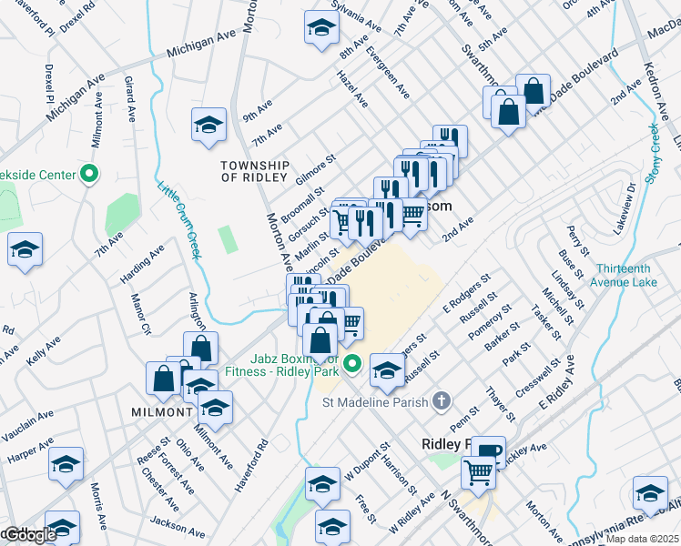 map of restaurants, bars, coffee shops, grocery stores, and more near 214 MacDade Boulevard in Folsom