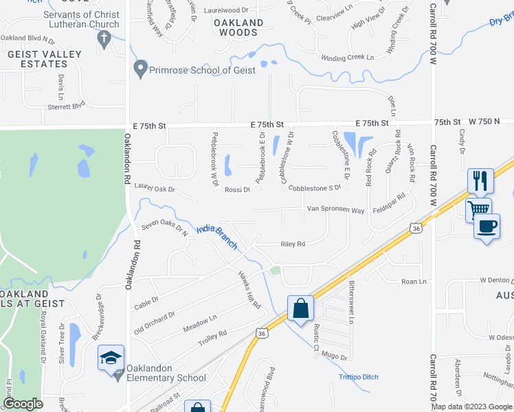 map of restaurants, bars, coffee shops, grocery stores, and more near 12218 Van Spronsen Court in Indianapolis