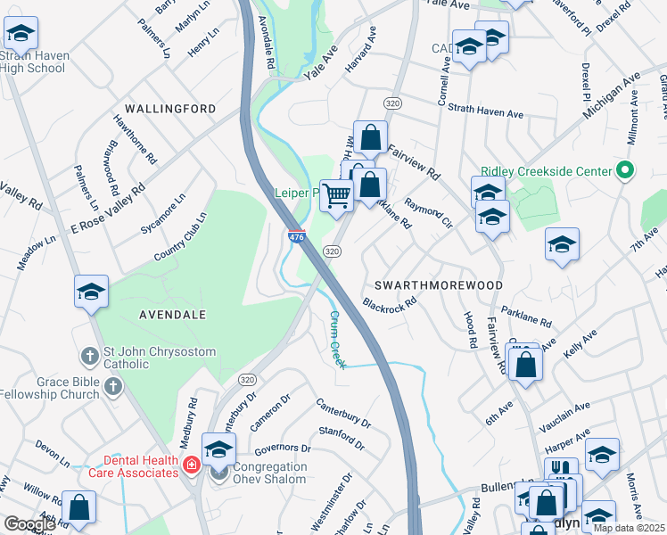 map of restaurants, bars, coffee shops, grocery stores, and more near 801 South Chester Road in Swarthmore