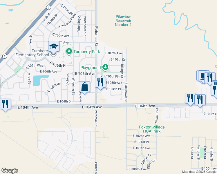 map of restaurants, bars, coffee shops, grocery stores, and more near 13895 East 105th Avenue in Commerce City