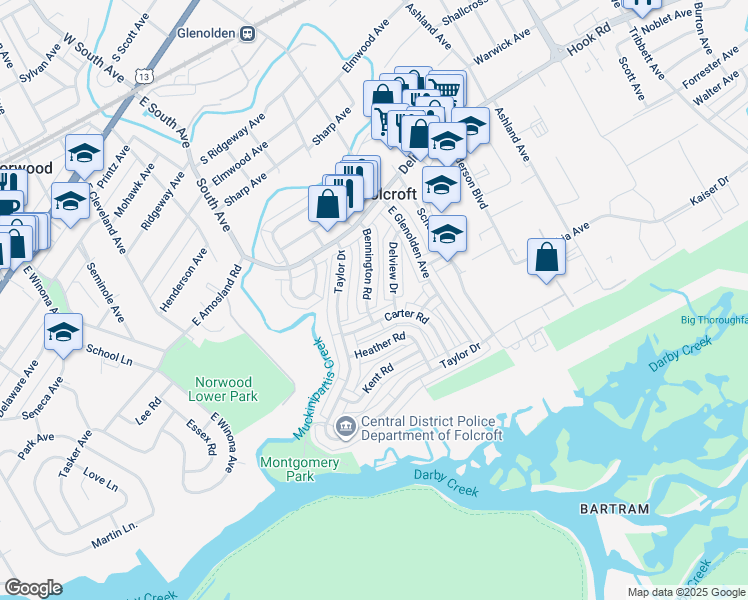 map of restaurants, bars, coffee shops, grocery stores, and more near 801 Bennington Road in Folcroft