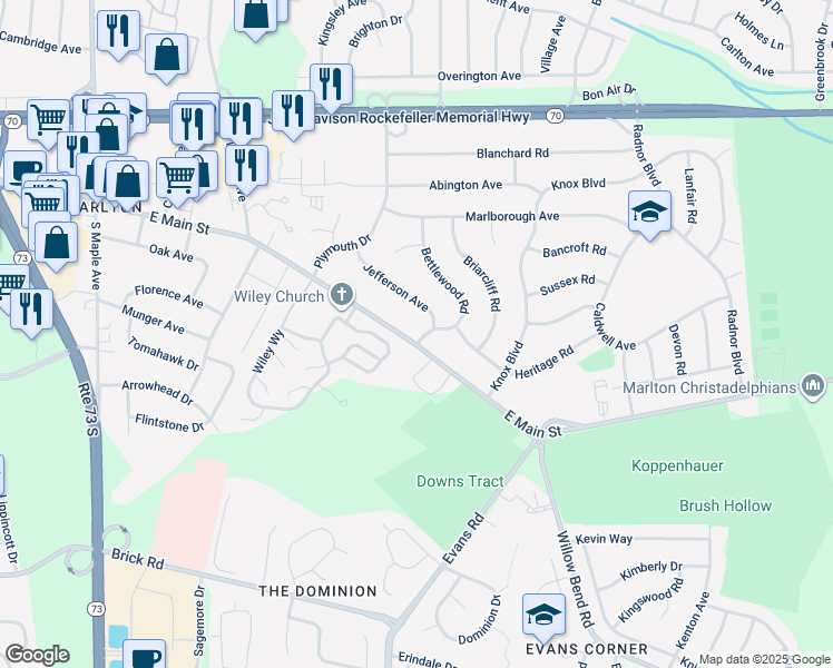 map of restaurants, bars, coffee shops, grocery stores, and more near 1 Bettlewood Road in Evesham