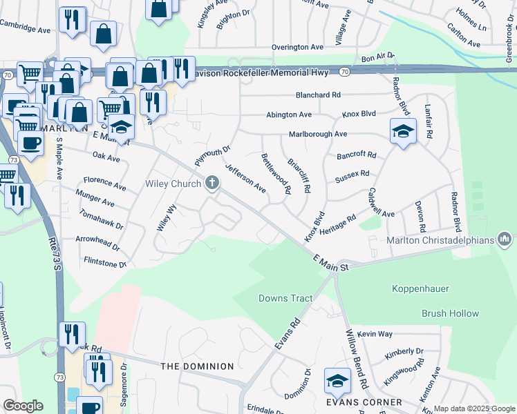 map of restaurants, bars, coffee shops, grocery stores, and more near 1 Bettlewood Road in Evesham