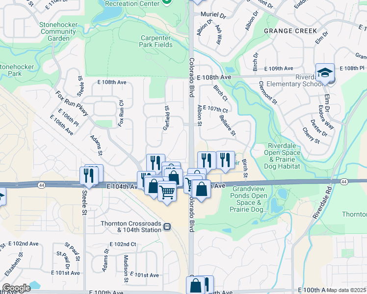 map of restaurants, bars, coffee shops, grocery stores, and more near 10571 Colorado Boulevard in Thornton