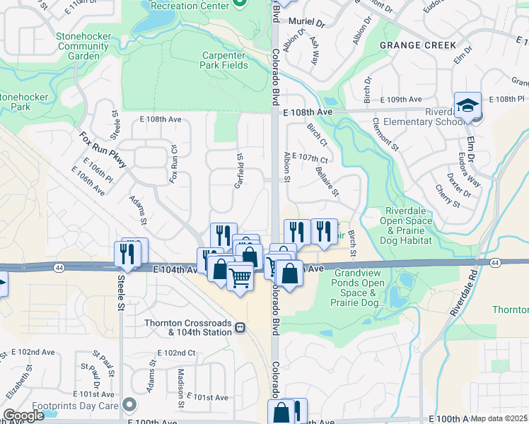 map of restaurants, bars, coffee shops, grocery stores, and more near 133 Covington Ridge in Thornton